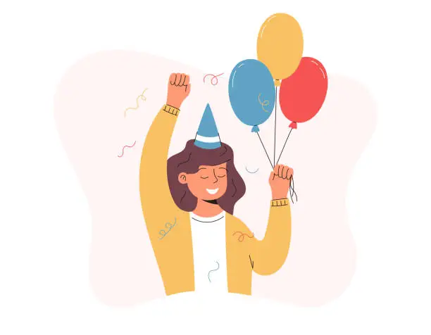 Vector illustration of Cheerful woman with balloons. A girl in a festive cap celebrating a birthday or other holiday. Vector isolated flat illustration.