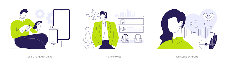 Gadgets and accessories abstract concept vector illustration set. USB OTG flash drive, listening to music with headphones and wireless earbuds, external memory, mobile technology abstract metaphor.