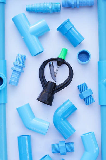 istock Sprinkler with blue pvc pipe connections for plumbing work. 2047641735