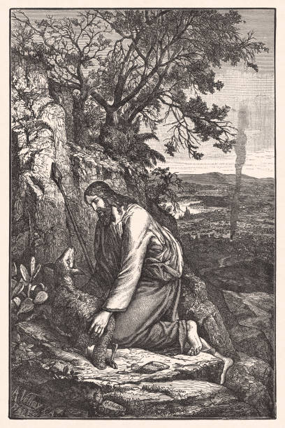 Jusus, the good shepherd, wood engraving, published ca. 1890 Jusus, the good shepherd. Wood engraving after a drawing by Karl Jauslin (Swiss painter and illustrator, 1842 - 1904), published ca. 1890. jusus stock illustrations