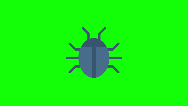Bug. Find errors and software testing. A beetle appears in the center of the screen. Computer virus. Blue beetle on green. Alpha channel. Chroma key. Green screen. Cartoon minimal style. 2d animation