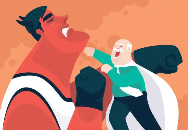 Vector illustration of senior superhero businessman punching devil boxer