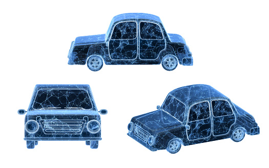 Car with blue structure lines, 3d rendering. 3D illustration.