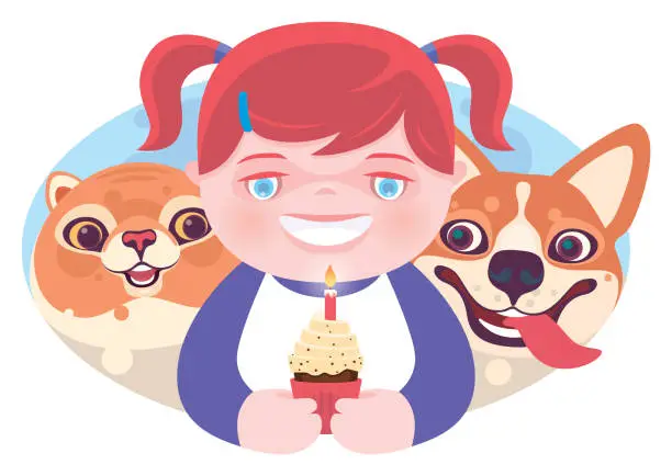 Vector illustration of little girl holding cupcake with dog and cat