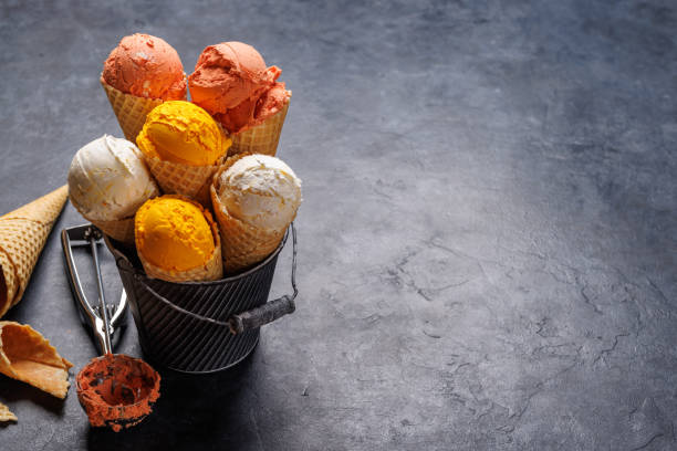 istock Assorted ice cream flavours in delightful waffle cones 2047666981