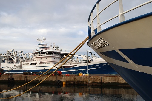 Close up of fishing boats moored in Fraserburgh harbour, Aberdeenshire, Scotland