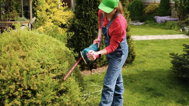 A woman gardener in work uniform trims a bush with electric scissors. Handmade in the summer season.