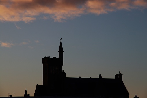 Silhouette of  Dalrymple Hall in Fraserburgh, Aberdeenshire, Scotland at dusk