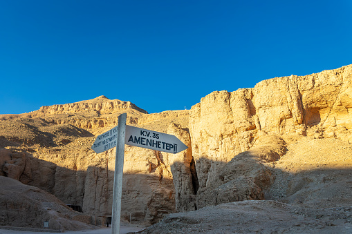 Direction sign to the tombs in the Valley of the Kings, Luxor West bank, Egypt