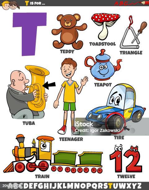 Objects From T Letter T Set With Cartoon Objects And Characters Stock Illustration ...