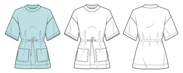 Vector illustration of Drawstring T-Shirt fashion flat technical drawing template. Tunic Dress technical fashion Illustration, pocket, tie belt, oversize, front and back view, white, green, women CAD mockup set.