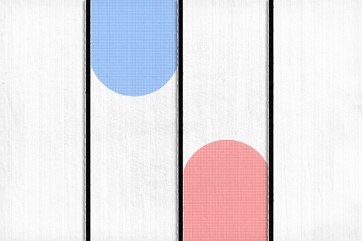 Three Smudged black color stripes of paint leaving copy space white wooden texture background with wood grain. There are two curved patches in soft pastel blue and pink color with cute check pattern. Apt for abstract modern art backdrops, wallpaper, artistic slides templates