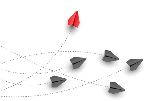 Individual and unique leader red paper plane flies to the side. Individuality concept. Vector illustration