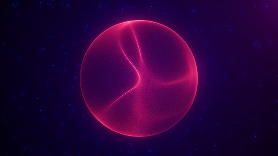 Abstract round red sphere, shimmering with bright magical waves of energy made with particles. Luminous blue nuclei flying by are sucked into the orb's plasmatic field. Gradient illustration.