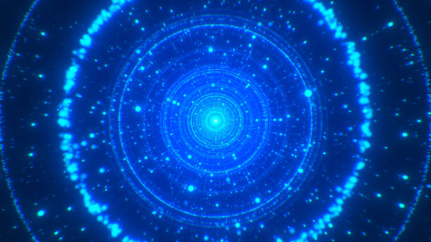 istock Flying through an abstract circular blue glowing digital futuristic neon VJ tunnel made with shiny particles and lines. Sci fi red light energy streaks effect 2047738017