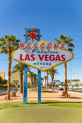 Las Vegas, Nevada - 26 April 2017 - Welcome sign to the stunning landscape of Las Vegas. Leisure awaits among the towering palm trees and vibrant luxury life