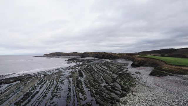 Kilve Beach in Somerset, UK, exhibits a shoreline in fossils during low tide.