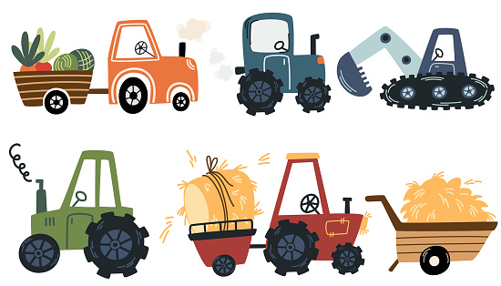 Agricultural machinery set. Vehicle for field agricultural work. Industrial tractor, harvester, harvester, another, sewing machine for transporting. Agriculture and agricultural. Vector illustration.