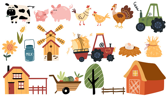 Farm elements set. Collection farm animals, Agricultural machinery, mill, pickup, barn, tractor. Agriculture and agricultural. Vector illustration.