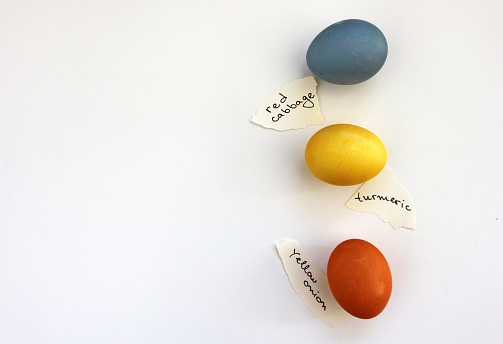 three colorful eggs next to one other with labels reading happy birthday