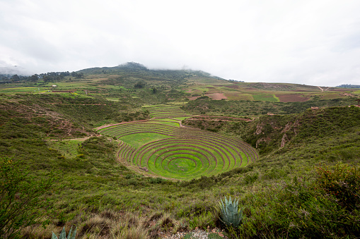 Cusco, Peru - December 31, 2019: Moray is an ancient Inca archaeological site located near Cusco, Peru. Notable for its unique circular terraces carved into the earth, Moray likely served as an agricultural laboratory for the Incas. The varying microclimates created by the terraces enabled experimentation with different crops and adaptation to different environmental conditions. This innovative agricultural engineering showcases the ingenuity and advanced knowledge of the Inca civilization.