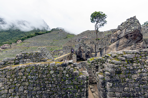 Cusco, Peru - January 3, 2020: From the summit of Huayna Picchu, Machu Picchu appears shrouded in mist, adding an aura of mystery. The cloudy atmosphere creates intermittent views of the terraced slopes and ancient ruins below, with distant peaks occasionally piercing through the fog. Despite the obscured visibility, the allure of Machu Picchu's intricate architecture and majestic setting remains palpable, evoking a sense of wonder and connection to the ancient civilization that once inhabited these misty mountains.