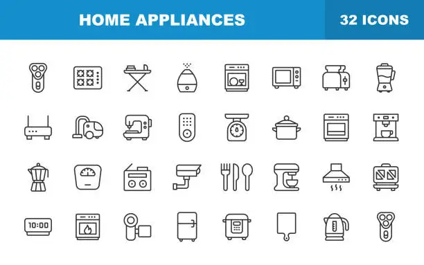 Vector illustration of Home Appliances Line Icons. Editable Stroke. Contains such icons as Pot, Clock, Hair Dryer, Fridge, Washing Machine, Toaster, Air Conditioner, Work Tool, Electronics, Technology, Equipment.
