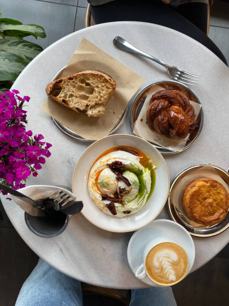 istock Breakfast Plate at Cafe Restaurant with Turkish Cilbir, Coffee and Bakeries. 2047772059