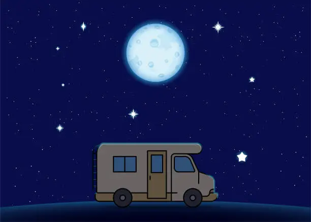 Vector illustration of Caravan in the middle of the night with the moon.