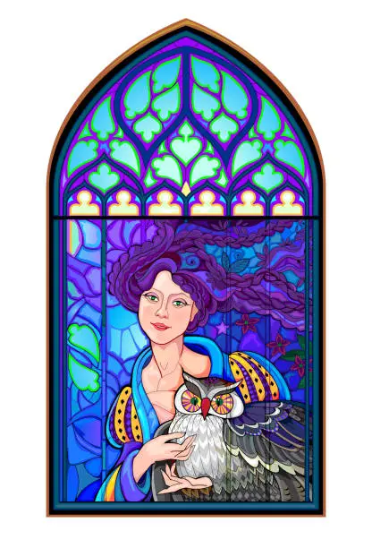 Vector illustration of Colorful medieval stained glass window. Gothic architectural style. Illustration of the beautiful fairy. Architecture in France churches. Middle ages in Western Europe. Vector drawing.