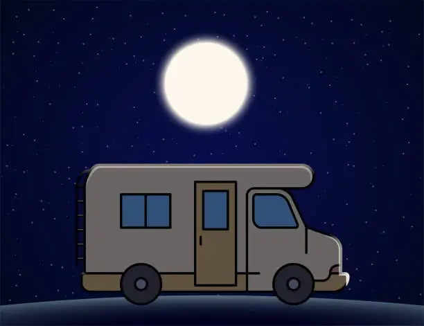 Vector illustration of Caravan in the middle of the night with the moon.