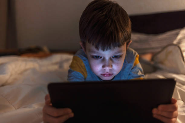 istock Shot of adorable little boy using a digital tablet at night. 2047782875