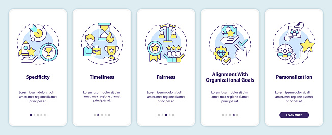 Employee recognition criteria onboarding mobile app screen. Walkthrough 5 steps editable graphic instructions with linear concepts. UI, UX, GUI template. Myriad Pro-Bold, Regular fonts used