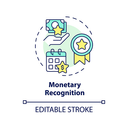 Monetary recognition multi color concept icon. Employee recognition. Gifts and bonuses. Salary increase. Payday. Round shape line illustration. Abstract idea. Graphic design. Easy to use