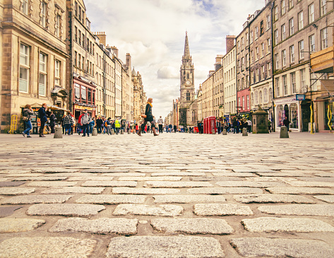 Famous old Royal Mile, High Street, in Edinburgh as seen from its clobber stones.