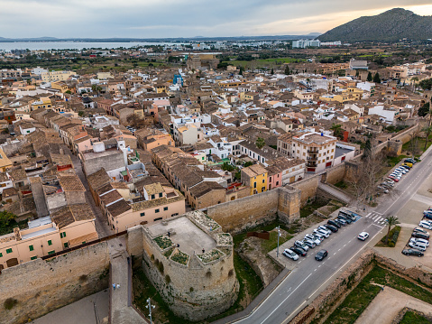 An Aerial drone view of Alcudia in Mallorca, ancient city walls