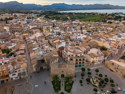 An Aerial drone view of Alcudia in Mallorca, Porta del Moll