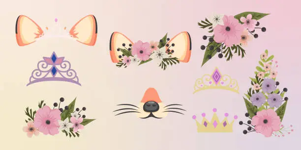 Vector illustration of Fox face elements set cartoon flat design ears and noses vector illustration isolated. Fox mask filter with flower crown.