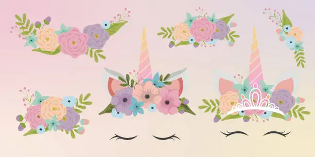 Vector illustration of Unicorn face elements set cartoon flat design ears and horn vector illustration isolated. Unicorn mask filter with flower and golden crown.