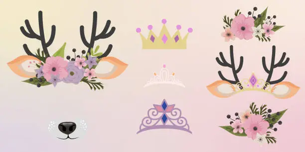 Vector illustration of Deer face elements set cartoon flat design ears and noses vector illustration isolated on white background. Reindeer mask filter with flower crown.