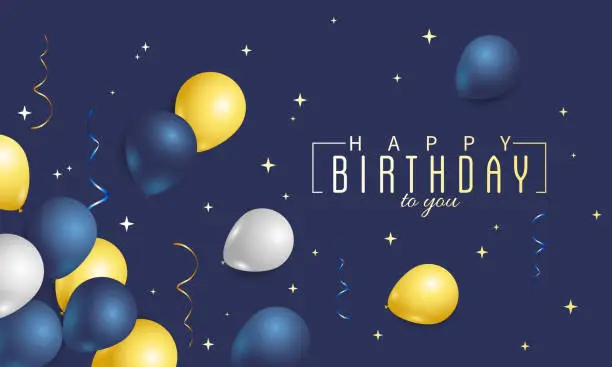 Vector illustration of Happy Birthday congratulation card with blue, yellow and white balloons