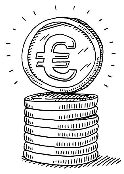Euro Currency Coin Stack Drawing Hand-drawn vector drawing of an Euro Currency Coin Stack. Black-and-White sketch on a transparent background (.eps-file). Included files are EPS (v10) and Hi-Res JPG. drawing of the coins stock illustrations