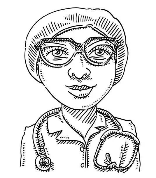 Vector illustration of Woman Doctor With Eyeglasses And Stethoscope Cartoon Drawing