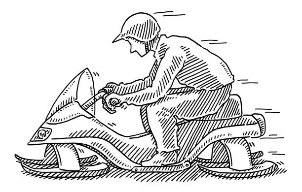 Vector illustration of Man With Helmet On Snowmobile Drawing