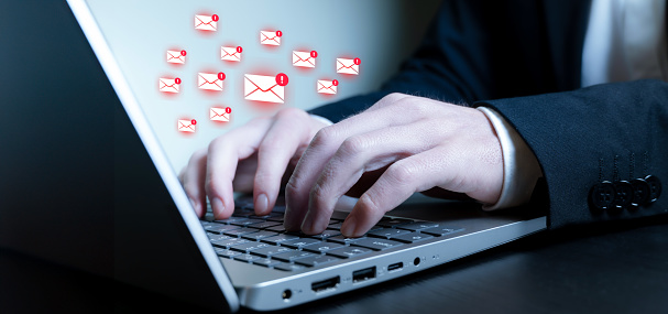 email inbox with virus alert, spam warning, junk mail, compromised information.
