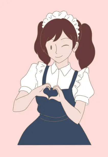 Vector illustration of Cute woman wearing maid costume for cosplay event, working at maid cafe, making heart shape with hands. Hand drawn flat cartoon character vector illustration.