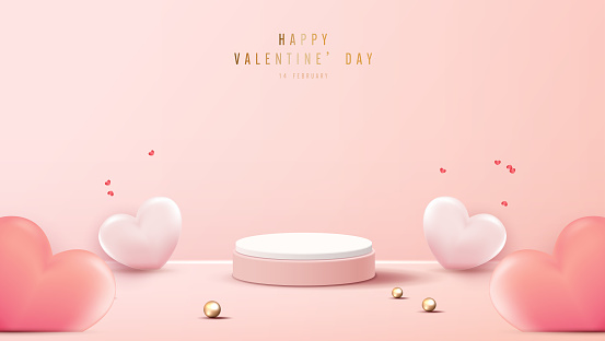 Happy valentines day and stage podium decorated with heart shape. pedestal scene with for product, cosmetic, advertising, show, award ceremony, on pink background and light. vector design.