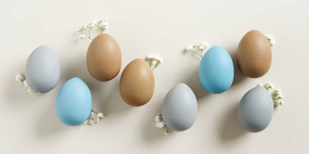 Easter Eggs pattern with White Gypsophila flowers on Light beige Background. Dyed colorful eggs in pastel colors, spring holiday photo, tender soft hues, flatly of celebration food and white blooms