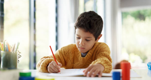 istock Student, drawing or boy writing homework on notebook in kindergarten education for growth development. Project, creative or young kid artist with color pencil learning or working on sketching skills 2047855355