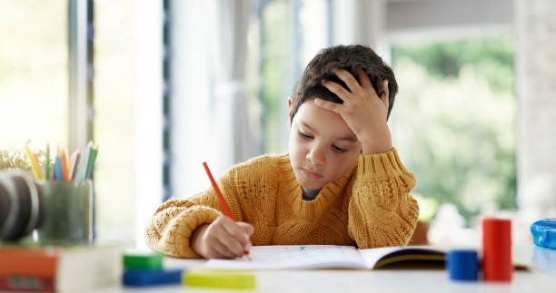 istock Child, drawing or boy writing homework on notebook in kindergarten education for growth development. Project, creative or young art student with color pencil learning or working on sketching skills 2047855358